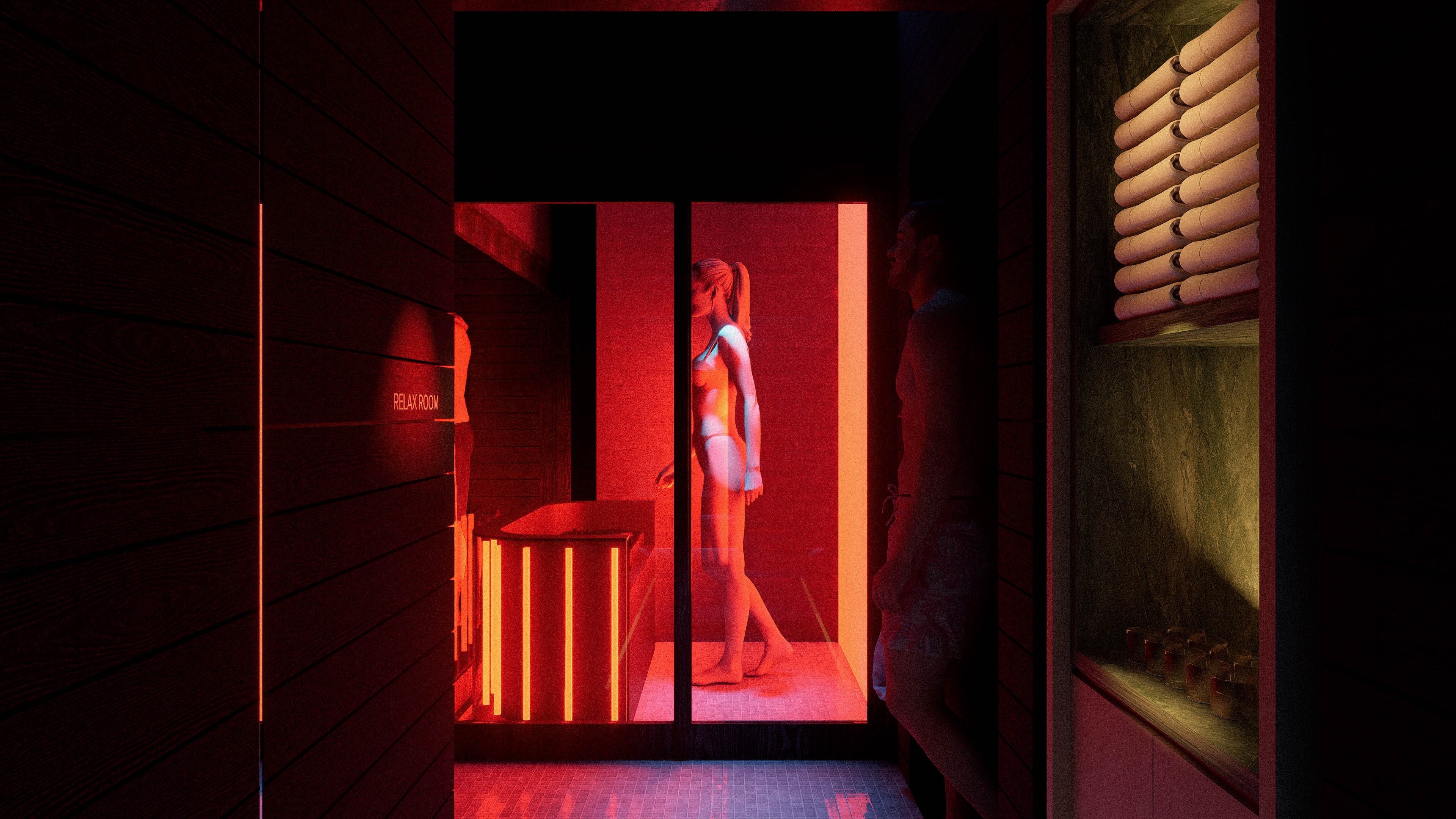Red sauna entry corridor